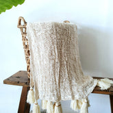 Loose Weave Natural Cotton Throw with Tassels or Pompoms | 130×220cm